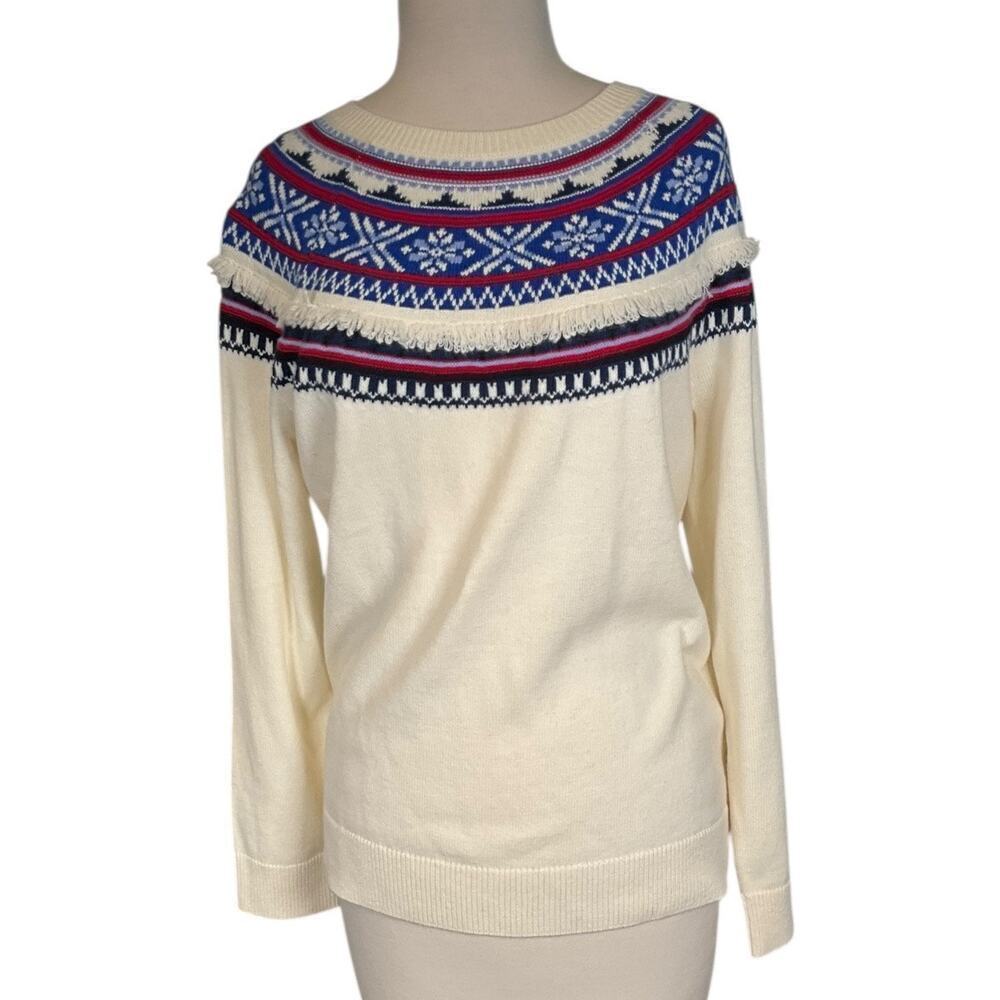 Talbots Lambswool Fair Isle Crewneck Sweater Pullover Ivory Blue Red Size LargeP